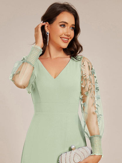 ever RYLEE|See-Through Long Sleeve V-Neck High Slit Chiffon Formal Evening Dress
