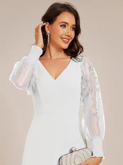 ever RYLEE|See-Through Long Sleeve V-Neck High Slit Chiffon Formal Evening Dress