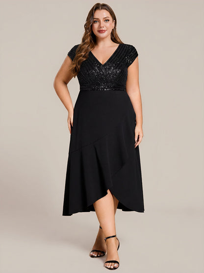 pretty BAYLOR|Plus Size Sequin Bodice V-Neck Midi Formal Dress