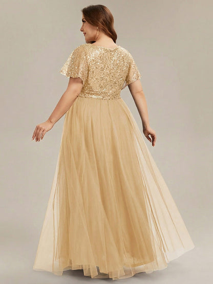 pretty NAVEYA|Plus Size Short Sleeves Sequin V-Neck Formal Evening Dress with Tulle