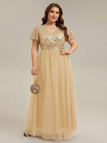 pretty NAVEYA|Plus Size Short Sleeves Sequin V-Neck Formal Evening Dress with Tulle