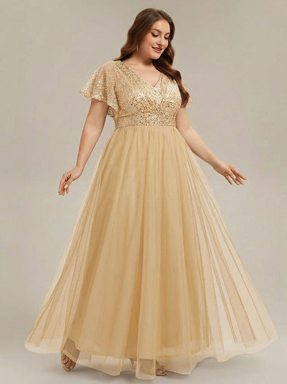 pretty NAVEYA|Plus Size Short Sleeves Sequin V-Neck Formal Evening Dress with Tulle