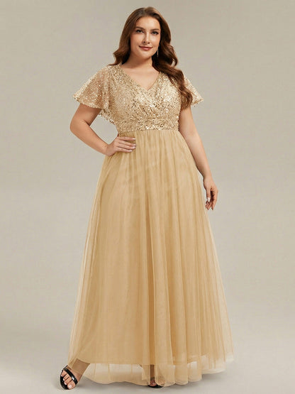 pretty NAVEYA|Plus Size Short Sleeves Sequin V-Neck Formal Evening Dress with Tulle