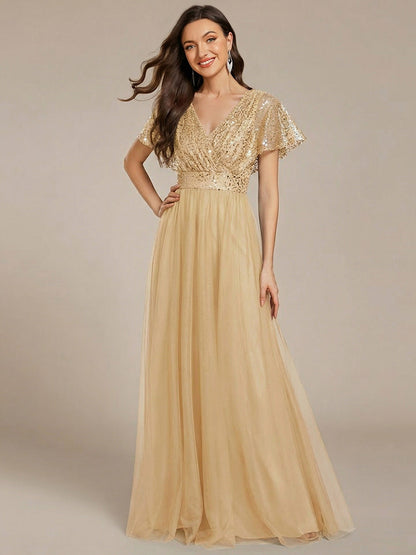 ever NAVEYA|Sparkly Sequin A-Line V-Neck Tulle Formal Evening Dress