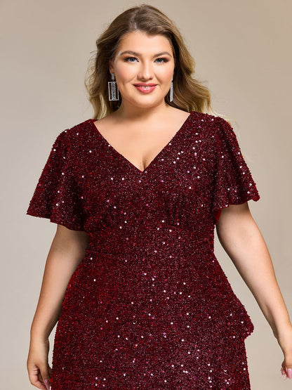 ever CALISTEA|Deep V-neck Sequin Ruffle Sleeve Formal Dress
