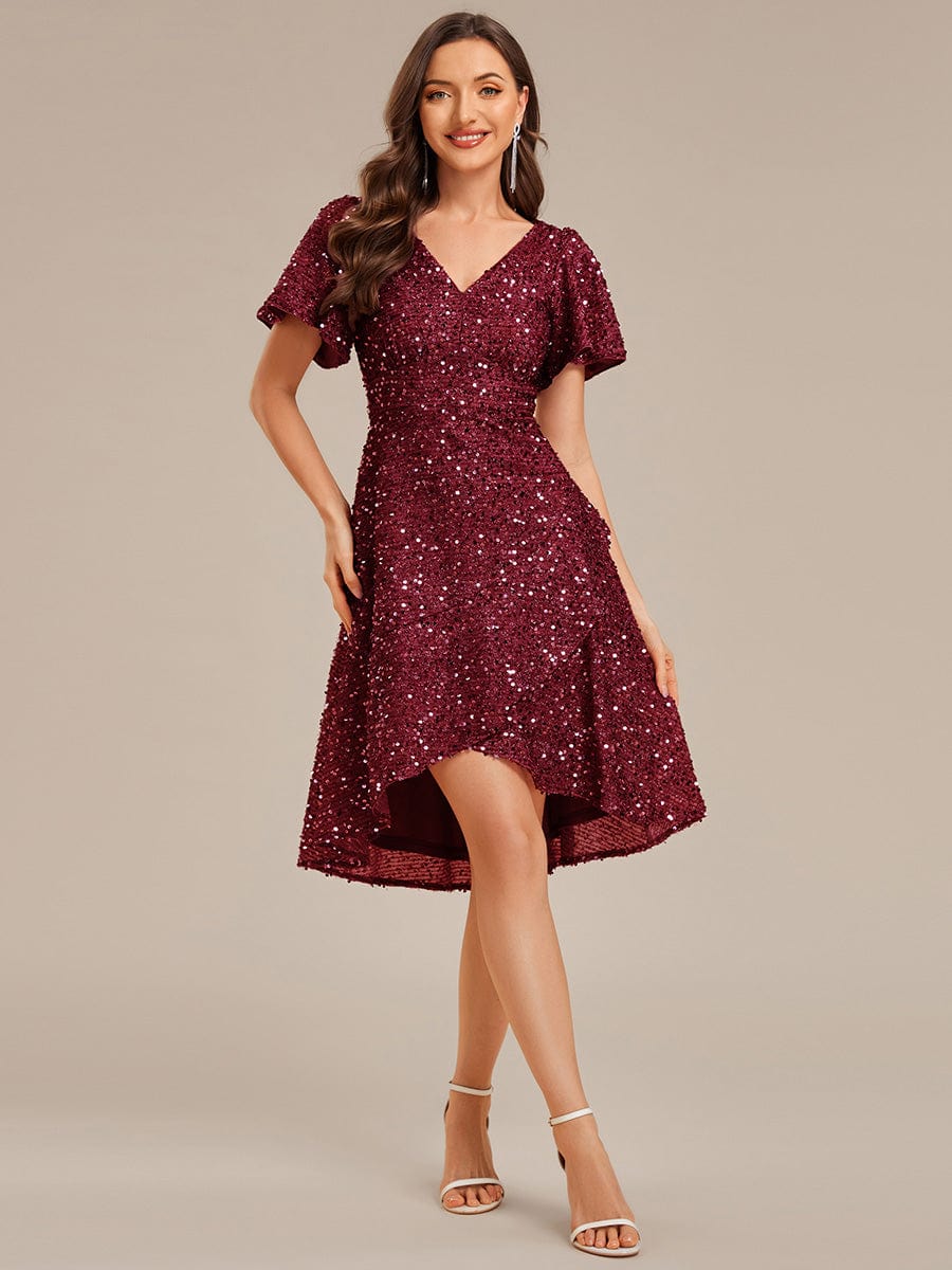 ever CALISTEA|Deep V-neck Sequin Ruffle Sleeve Formal Dress