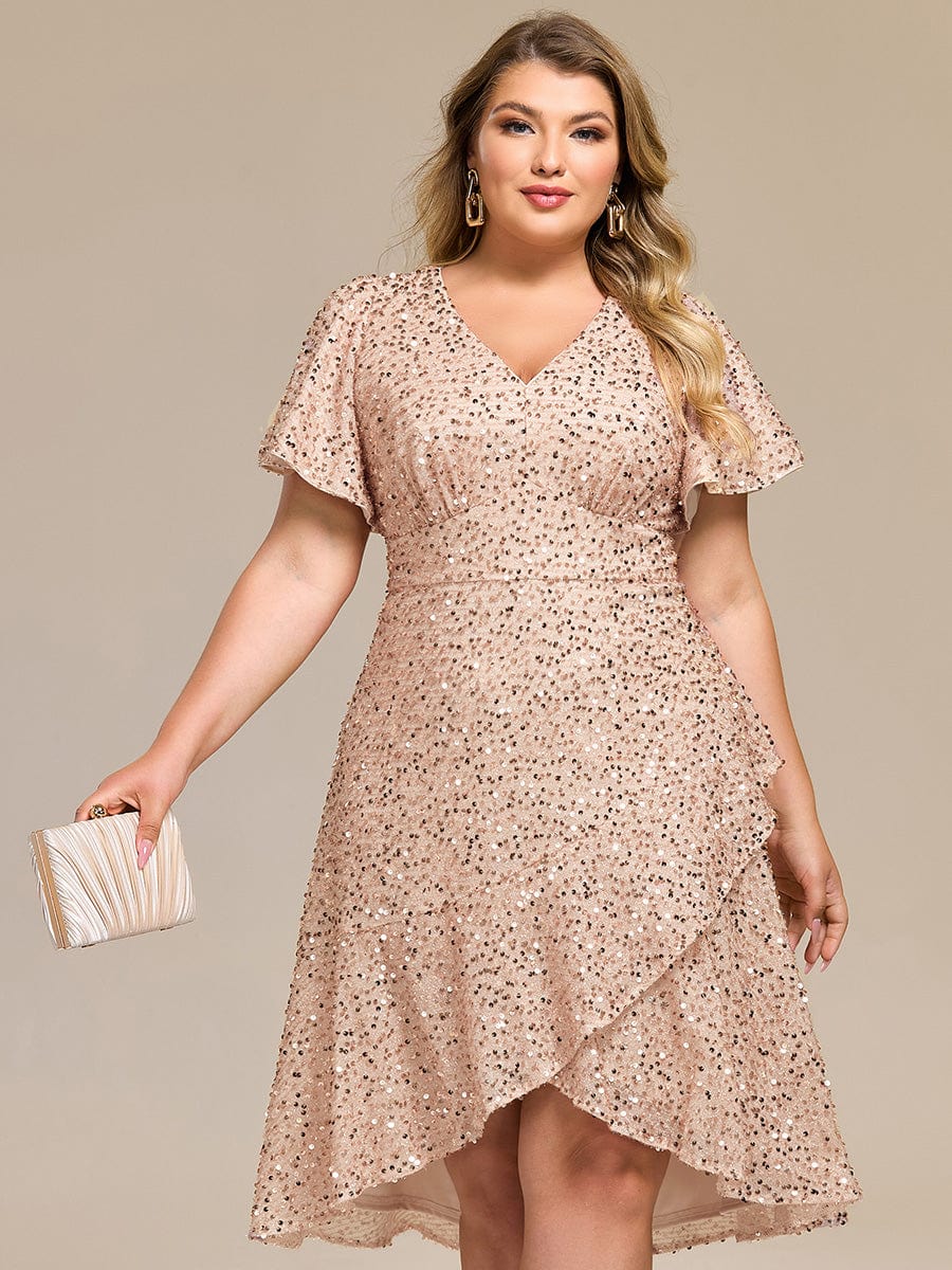 ever CALISTEA|Deep V-neck Sequin Ruffle Sleeve Formal Dress