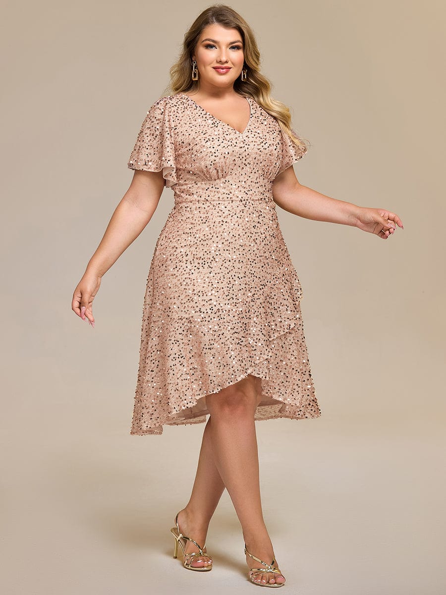 ever CALISTEA|Deep V-neck Sequin Ruffle Sleeve Formal Dress