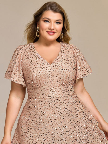 ever CALISTEA|Deep V-neck Sequin Ruffle Sleeve Formal Dress