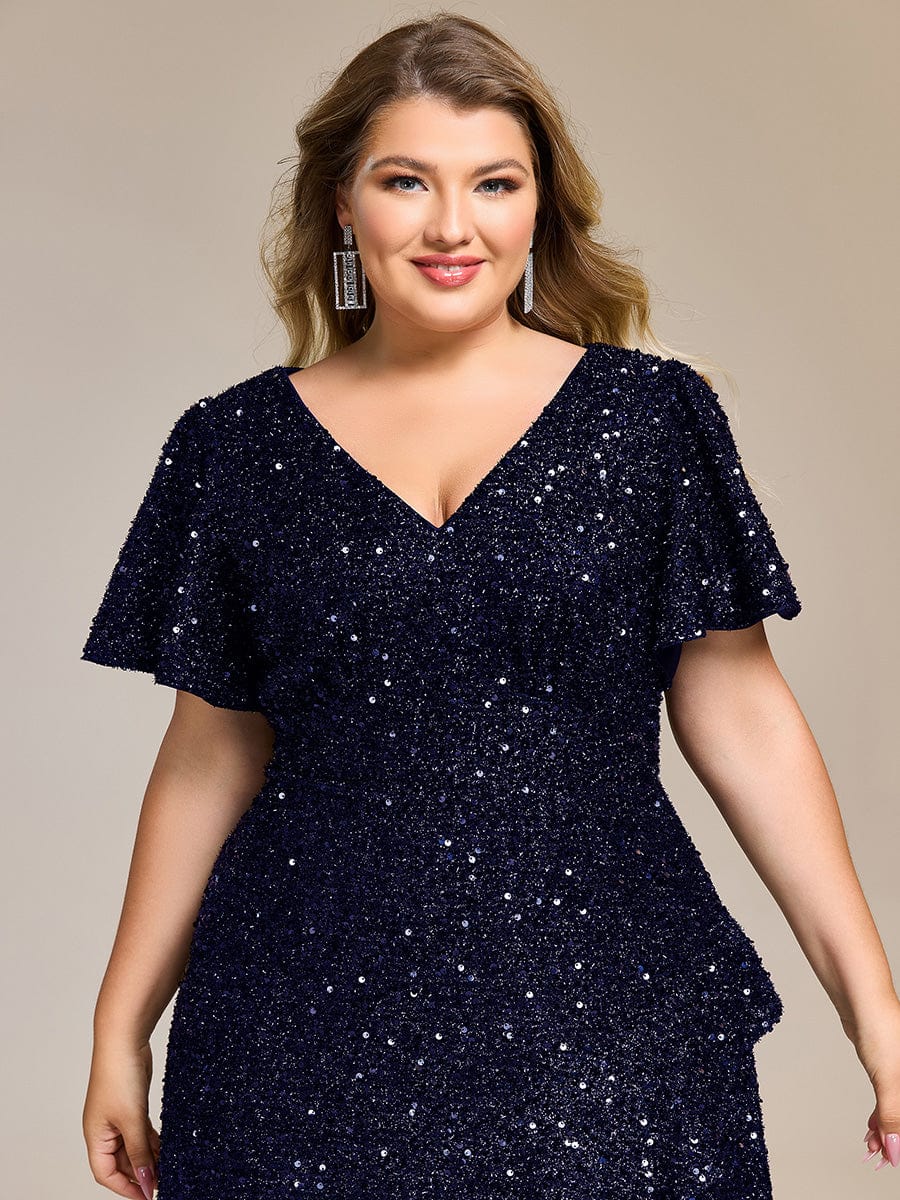 ever CALISTEA|Deep V-neck Sequin Ruffle Sleeve Formal Dress