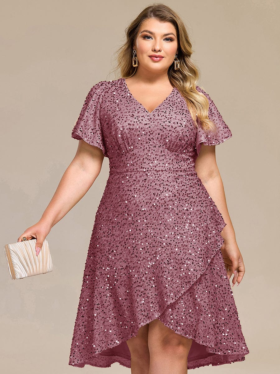 ever CALISTEA|Deep V-neck Sequin Ruffle Sleeve Formal Dress