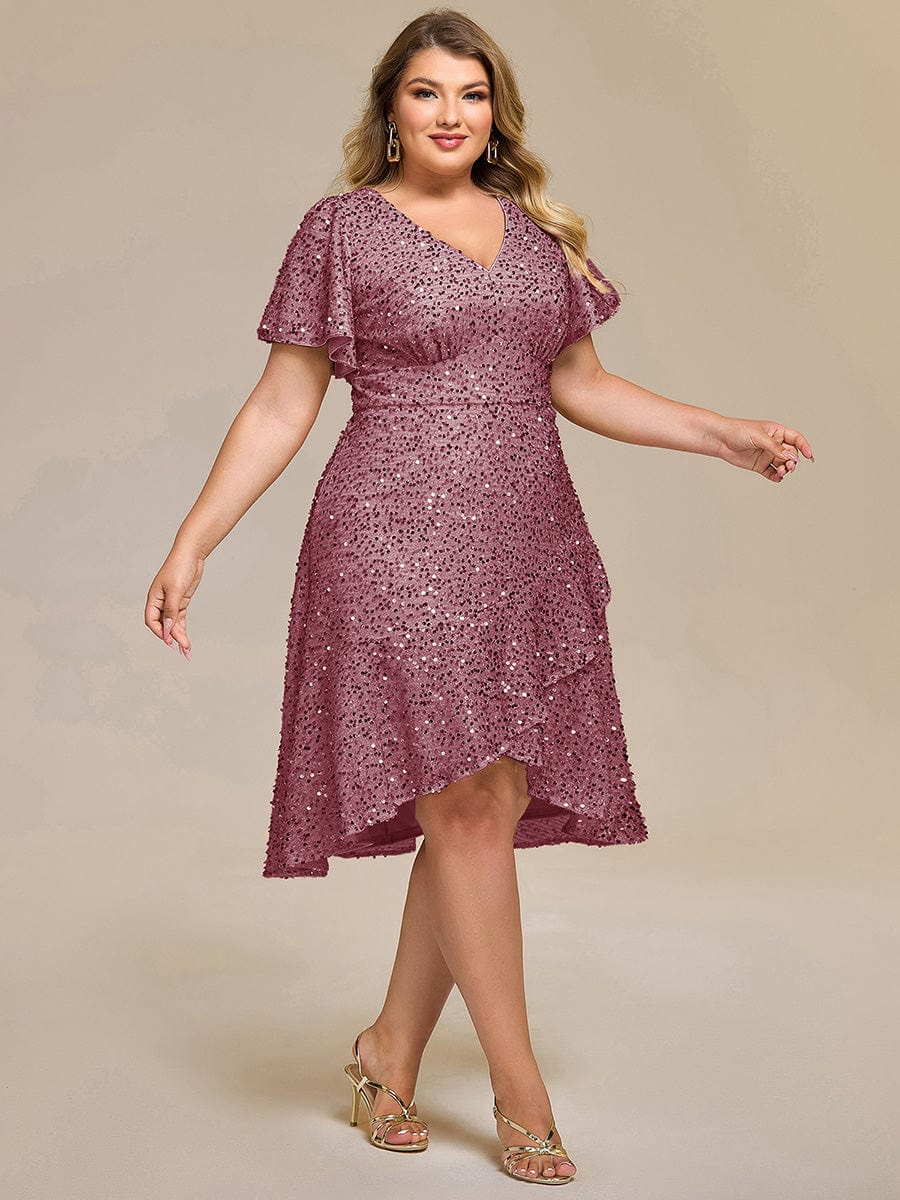 ever CALISTEA|Deep V-neck Sequin Ruffle Sleeve Formal Dress