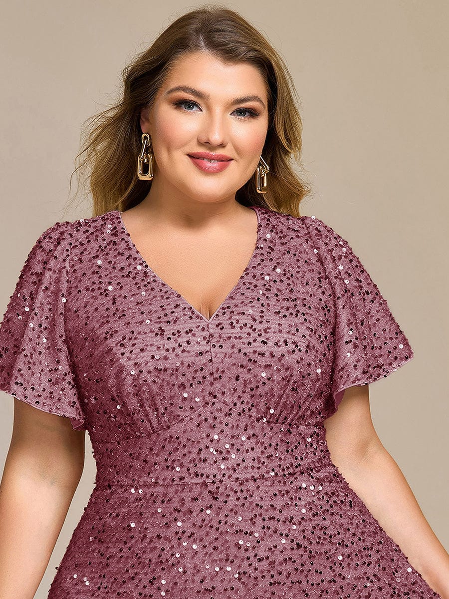 ever CALISTEA|Deep V-neck Sequin Ruffle Sleeve Formal Dress