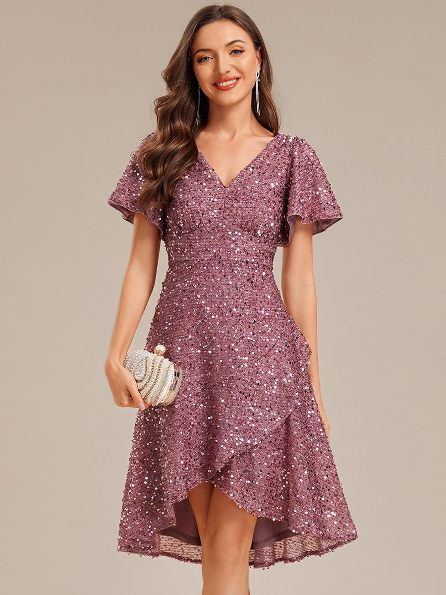 ever CALISTEA|Deep V-neck Sequin Ruffle Sleeve Formal Dress
