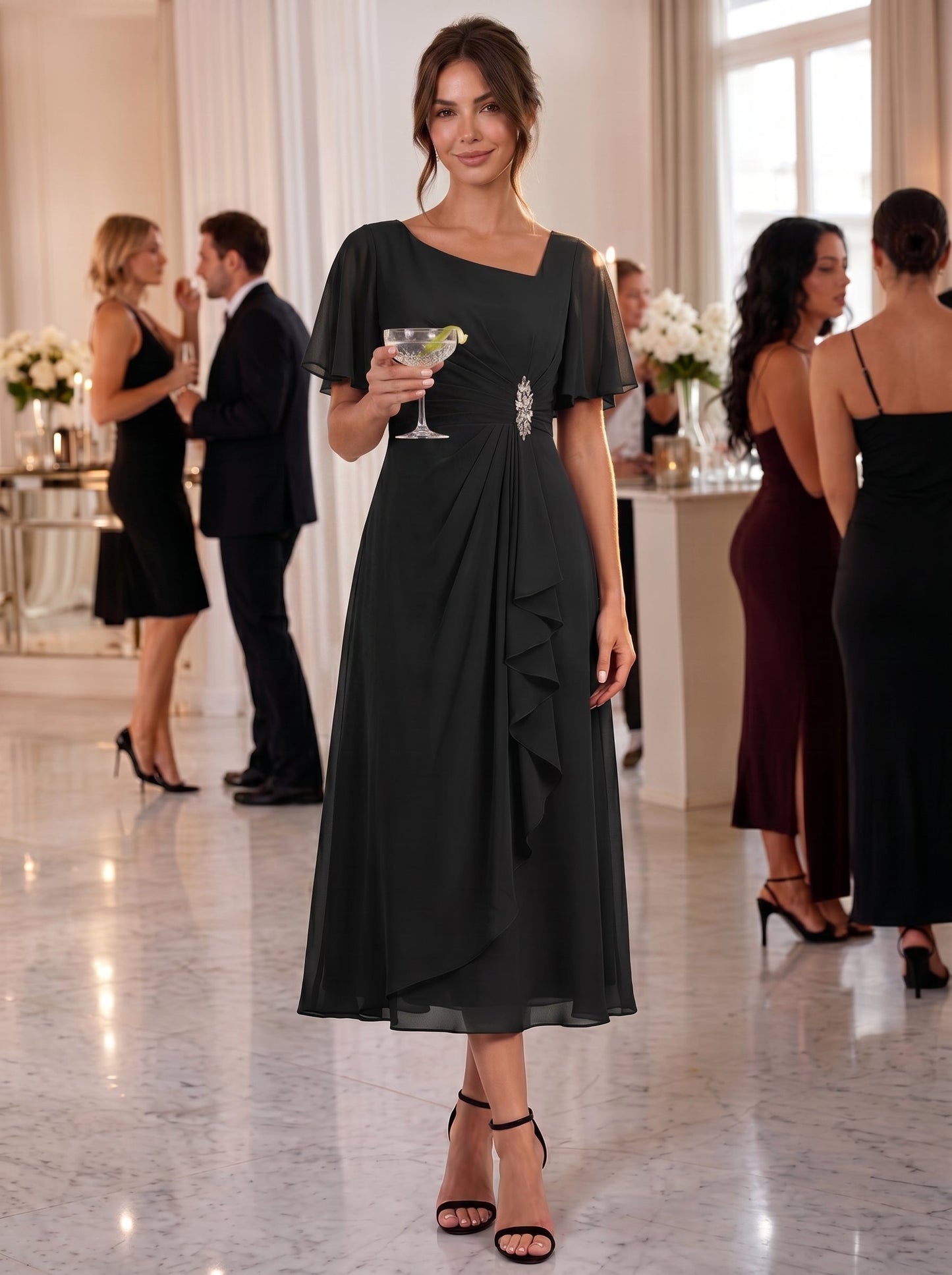 ever LILOU| Pleated Chiffon Ruffle Sleeve Wedding Guest Dress