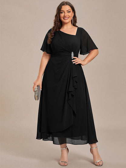 pretty LILOU| Plus Size Pleated Chiffon Ruffle Sleeve Wedding Guest Dress