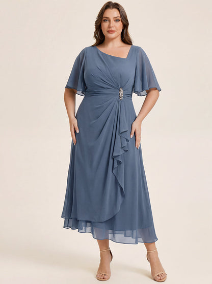 pretty LILOU| Plus Size Pleated Chiffon Ruffle Sleeve Wedding Guest Dress