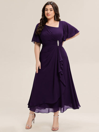 pretty LILOU| Plus Size Pleated Chiffon Ruffle Sleeve Wedding Guest Dress