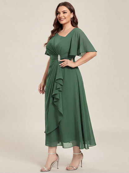 ever LILOU| Pleated Chiffon Ruffle Sleeve Wedding Guest Dress