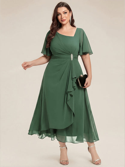 pretty LILOU| Plus Size Pleated Chiffon Ruffle Sleeve Wedding Guest Dress