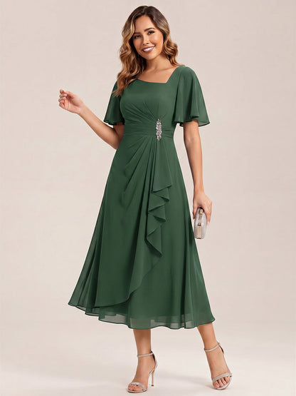 ever LILOU| Pleated Chiffon Ruffle Sleeve Wedding Guest Dress