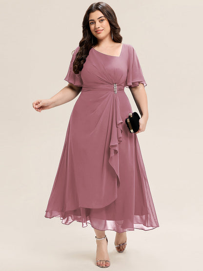 pretty LILOU| Plus Size Pleated Chiffon Ruffle Sleeve Wedding Guest Dress