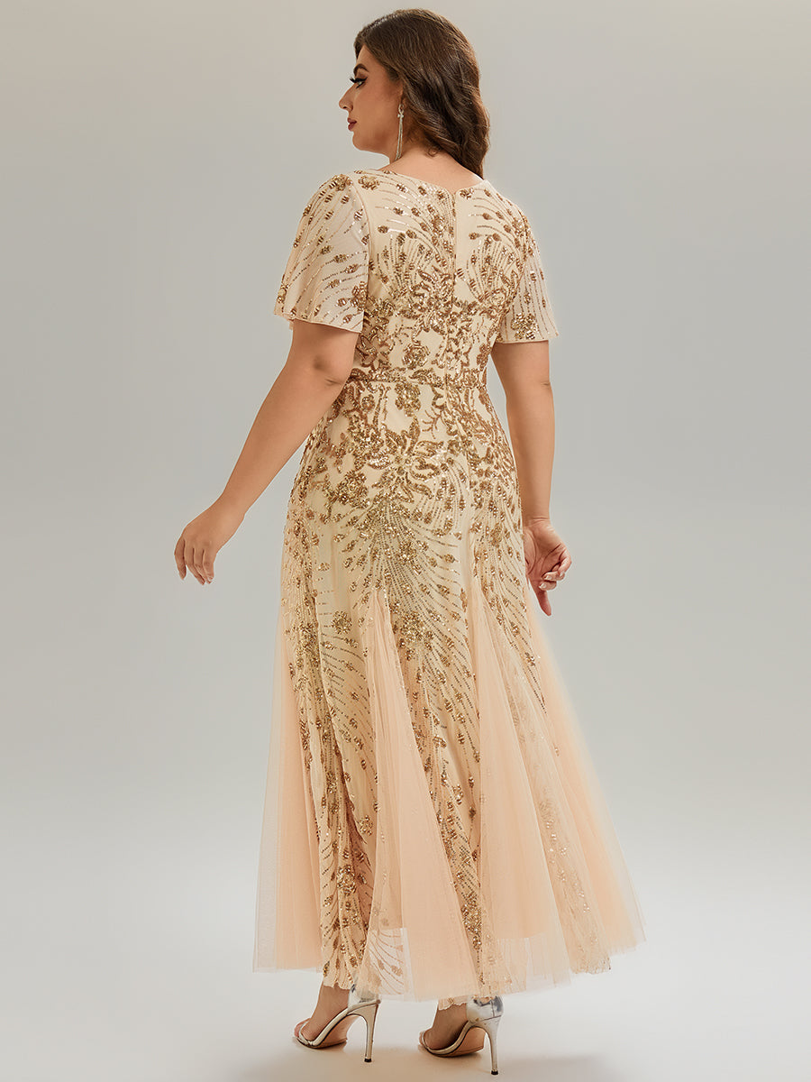 pretty ANNIKA|Plus Size Embroidered Sequin Ruffle Sleeve Formal Dress
