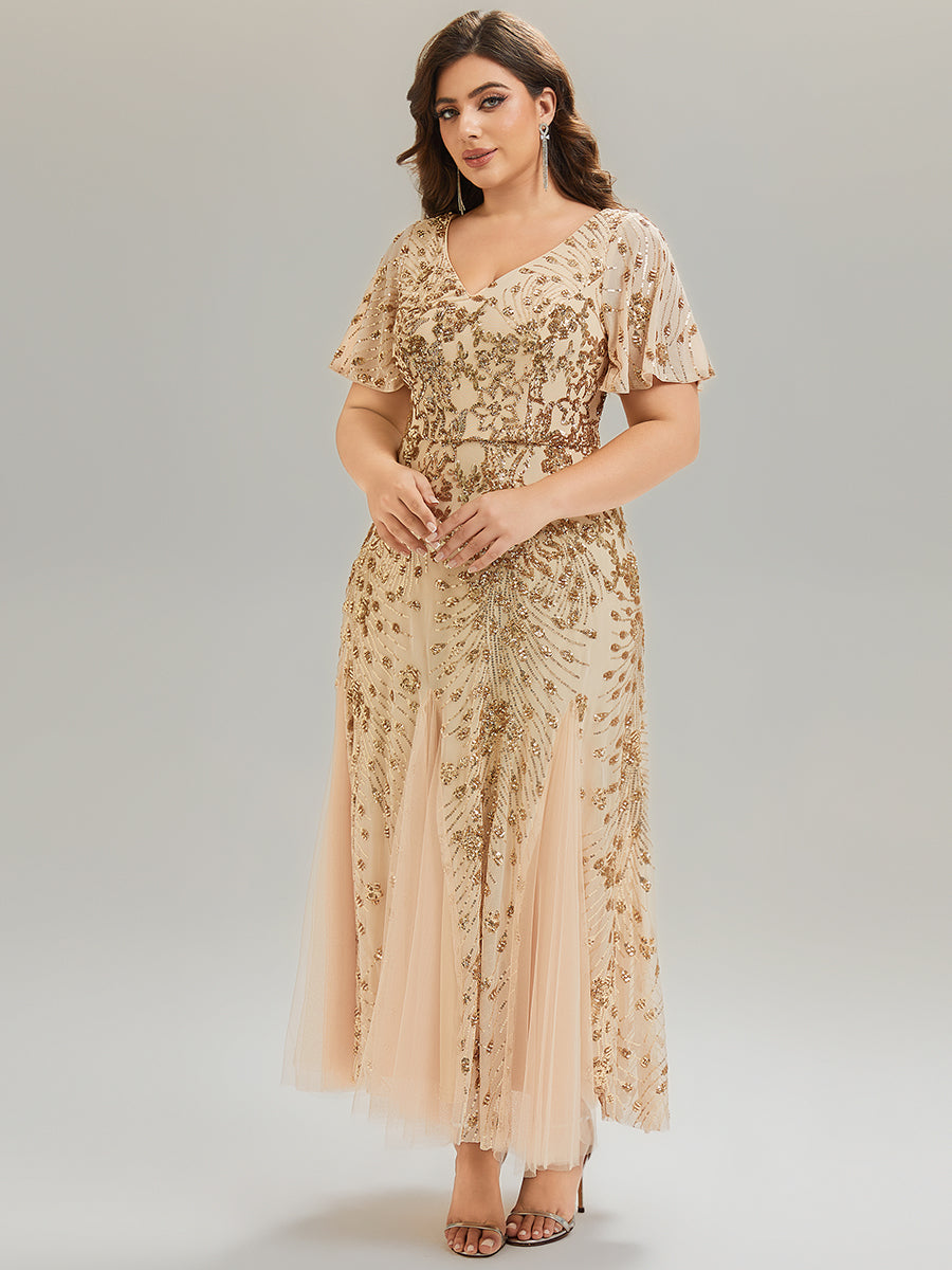 pretty ANNIKA|Plus Size Embroidered Sequin Ruffle Sleeve Formal Dress