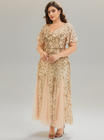 pretty ANNIKA|Plus Size Embroidered Sequin Ruffle Sleeve Formal Dress