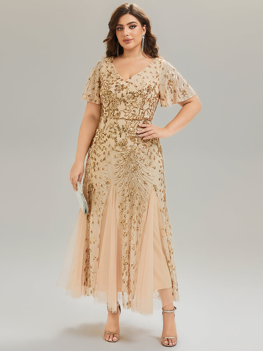 pretty ANNIKA|Plus Size Embroidered Sequin Ruffle Sleeve Formal Dress