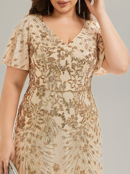 pretty ANNIKA|Plus Size Embroidered Sequin Ruffle Sleeve Formal Dress