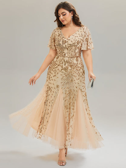 pretty ANNIKA|Plus Size Embroidered Sequin Ruffle Sleeve Formal Dress