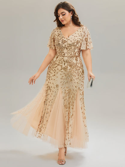 ever ANNIKA| Embroidered Sequin Ruffle Sleeve Evening Dress