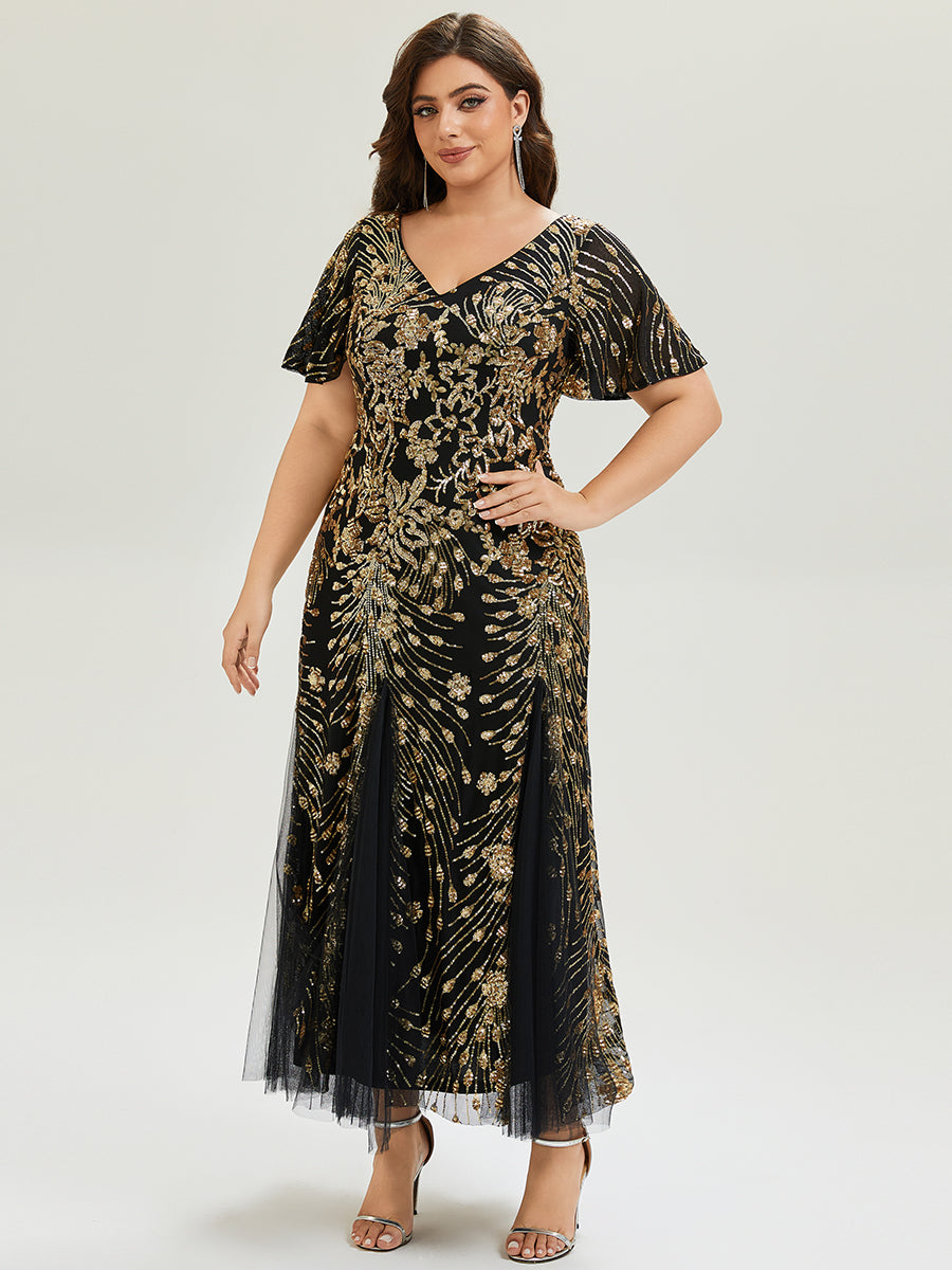 pretty ANNIKA|Plus Size Embroidered Sequin Ruffle Sleeve Formal Dress