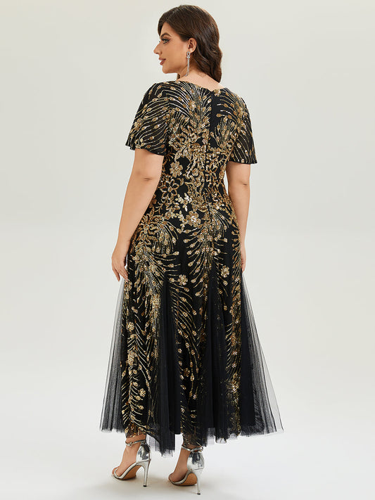 pretty ANNIKA|Plus Size Embroidered Sequin Ruffle Sleeve Formal Dress