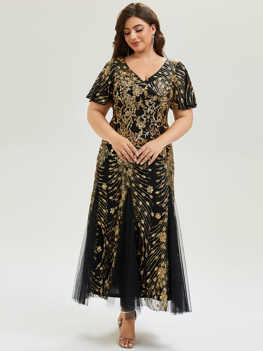 pretty ANNIKA|Plus Size Embroidered Sequin Ruffle Sleeve Formal Dress