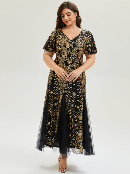 pretty ANNIKA|Plus Size Embroidered Sequin Ruffle Sleeve Formal Dress