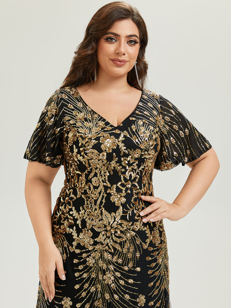 pretty ANNIKA|Plus Size Embroidered Sequin Ruffle Sleeve Formal Dress