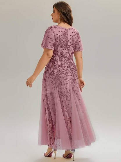 pretty ANNIKA|Plus Size Embroidered Sequin Ruffle Sleeve Formal Dress