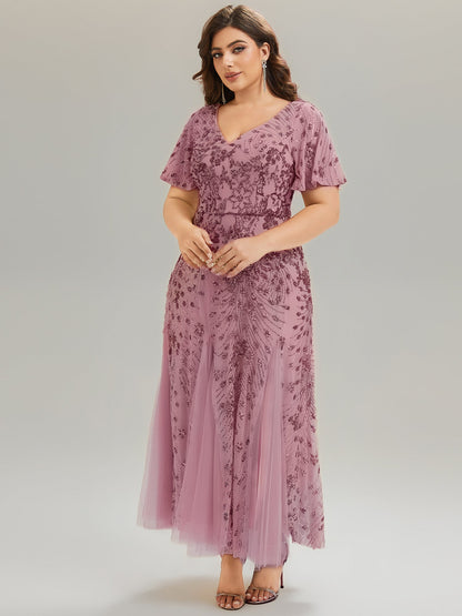 ever ANNIKA| Embroidered Sequin Ruffle Sleeve Evening Dress