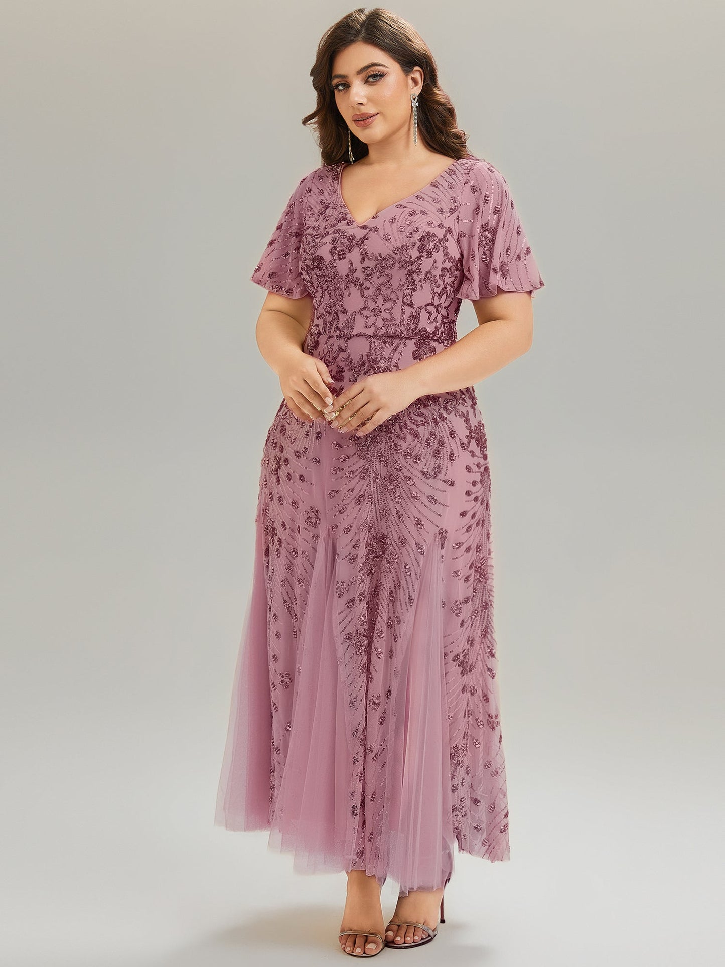 pretty ANNIKA|Plus Size Embroidered Sequin Ruffle Sleeve Formal Dress