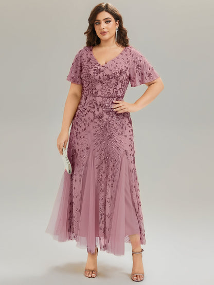 ever ANNIKA| Embroidered Sequin Ruffle Sleeve Evening Dress