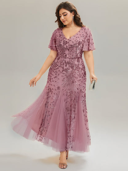 pretty ANNIKA|Plus Size Embroidered Sequin Ruffle Sleeve Formal Dress