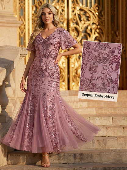 ever ANNIKA| Embroidered Sequin Ruffle Sleeve Evening Dress