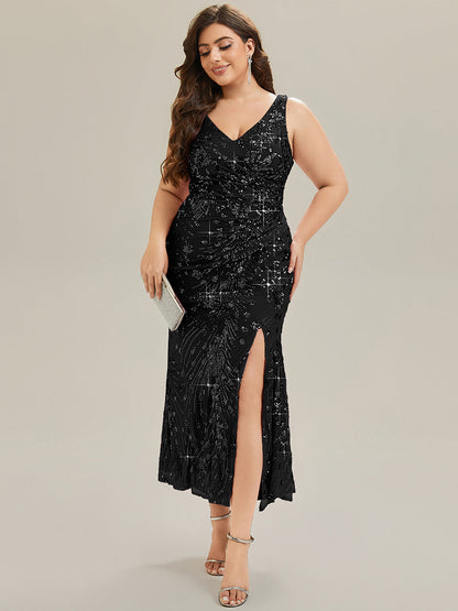 pretty JUNIPER|Plus Size Bodycon Sequin Slit Wedding Guest Dress