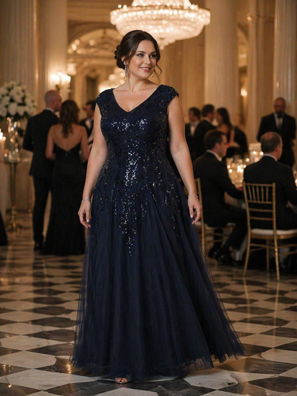 pretty FREYA|Plus Size V-Neck Sequin High Stretch Cap Sleeve Tulle Formal Dress