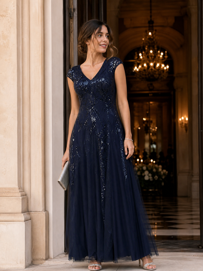 ever FREYA|Embroidered Sequin Cap Sleeve High Stretch Evening Dress