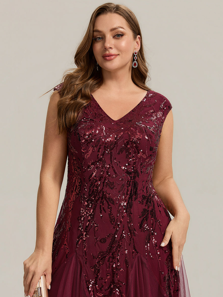 pretty FREYA|Plus Size V-Neck Sequin High Stretch Cap Sleeve Tulle Formal Dress