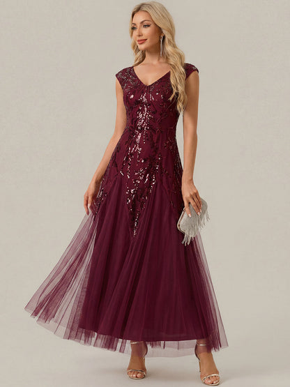 ever FREYA|Glitter Embroidered Cap Sleeve High Stretch Mother of the Bride Dress