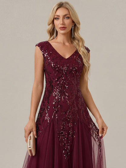 ever FREYA|Glitter Embroidered Cap Sleeve High Stretch Mother of the Bride Dress